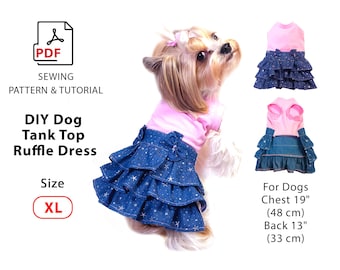 Size XL Dog dress PDF sewing pattern - sewing tutorial dog t shirt dress with ruffle scirt - dog dress to make - home print A4&US Letter
