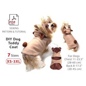 以下が含まれることがあります： PDF形式の犬用テディコートの縫製パターンとチュートリアル。パターンはXSから3XLまでの7サイズが含まれています。コートは茶色で、フードとクマの耳が付いています。パターンは、胸囲11〜23.5インチ（28〜60 cm）、背丈8〜17.5インチ（20〜45 cm）の犬用です。