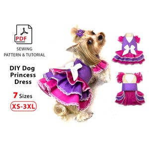 Hundekleid Schnittmuster 7 Größen | PDF Schnittmuster zum Downloaden Drucken und Nähen | Anleitung süßes Prinzessinenkleid | Für kleine und Mittelgroße Hunde