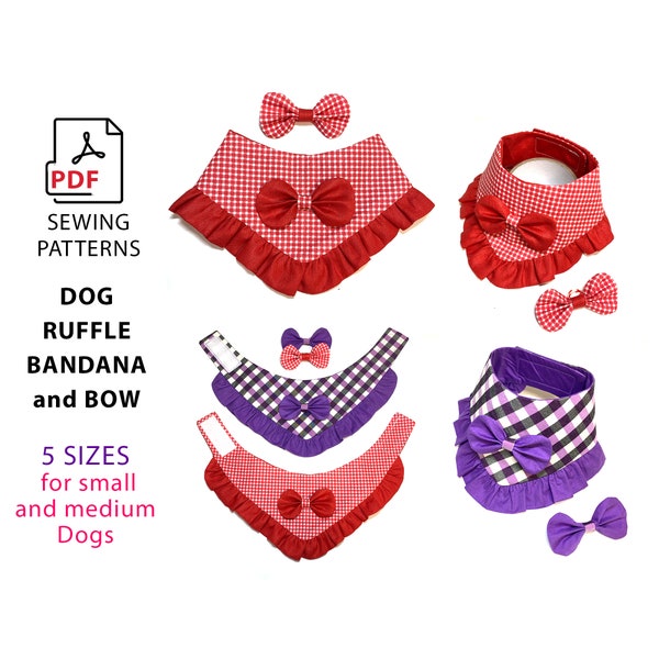 Bandana with Bows and ruffle - PDF sewing patterns for pets - Bundle 5 Sizes small and medium pets - DIY tutorial step by step - home print