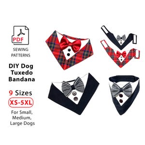 Multi-size  PDF sewing pattern Dog Tuxedo bandana and steps tutorial, 9 sizes for small, medium, large dogs, neck 9-26 inches (23-67cm)