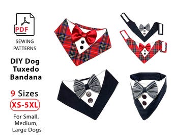 May include: PDF sewing patterns for a DIY dog tuxedo bandana. The patterns come in 9 sizes, from XS to 5XL, and are suitable for small, medium, and large dogs. The image shows four different bandana designs, including a red plaid with a red bow tie, a black tuxedo with a black and white bow tie, and a white tuxedo with a black and white bow tie.