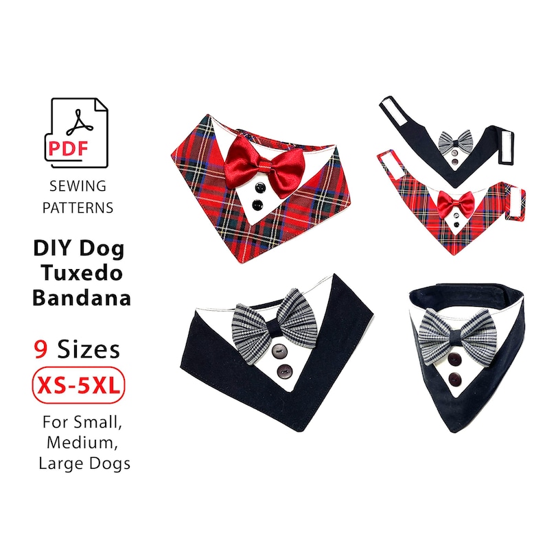 dog bandana pattern, tuxedo bandana, multi-size pattern, pet accessories, sewing pattern for pets, easy to sew, printable pattern, dog clothing pattern, sewing tutorial for pets, DIY dog bandana