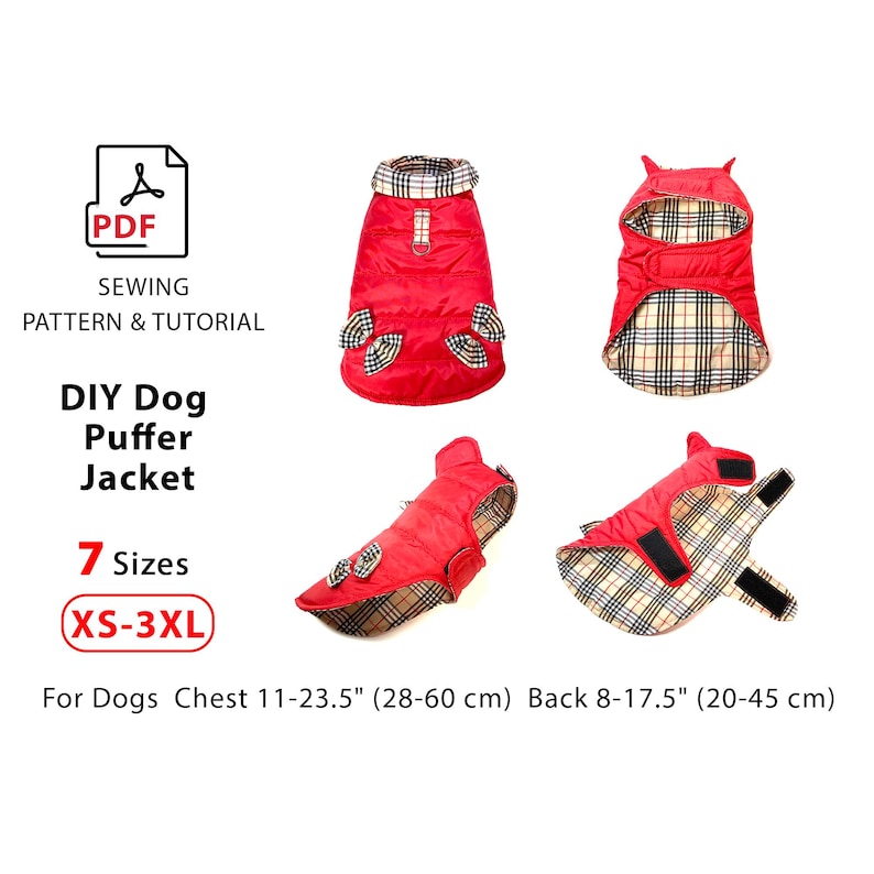 dog puffer jacket pattern, quilted dog coat PDF, DIY dog winter jacket, small dog puffer vest, yorkie in red dog coat, dog winter clothes sewing pattern, medium dog jacket pattern, warm pet coat with lining, dog outerwear sewing tutorial, dog clothes for cold weather, padded dog jacket XS to 3XL, pet winter vest DIY, dog coat pattern with bows