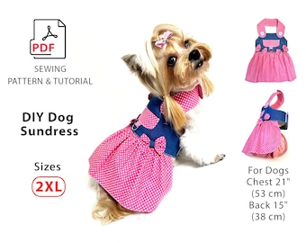 Sewing Pattern for a summer dress for dogs: denim top, cotton skirt, leash attachment Size 2XL
