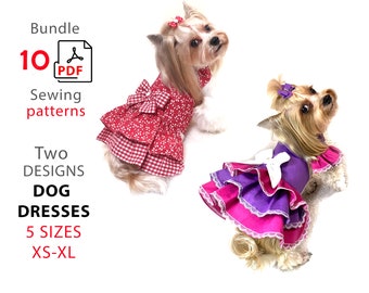 2 Bundles PDF patterns small dogs dresses - Set 5 sizes XS-XL two designs patterns and tutorial step by step dog Harness and Princess dress