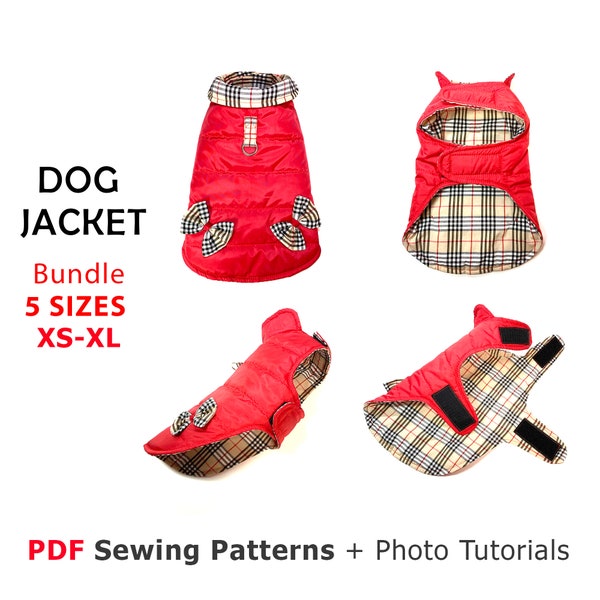 Bundle 5 Sizes dog coats or jacket PDF sewing pattern for dog, step by step tutorial, one piece dog coat pattern, print patterns pdf