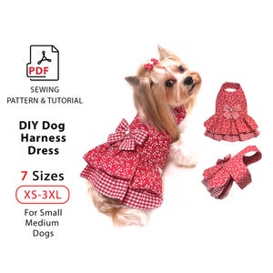 Patrón de costura para vestido de perro - Patrón PDF multitamaño lindo vestido de arnés con lazo para perros y gatos pequeños, medianos - Paquete de 7 tallas XS a 3XL