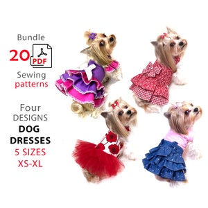4 Bundles PDF patterns small dogs dresses - 5 sizes XS-XL four designs 20 sewing pdf patterns - patterns and tuts step by step dog dresses
