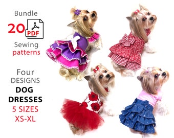 4 Bundles PDF patterns small dogs dresses - 5 sizes XS-XL four designs 20 sewing pdf patterns - patterns and tuts step by step dog dresses