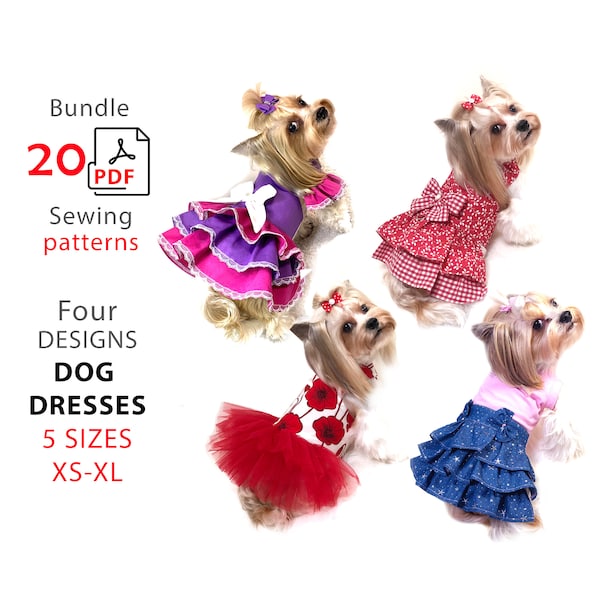 4 Bundles PDF patterns small dogs dresses - 5 sizes XS-XL four designs 20 sewing pdf patterns - patterns and tuts step by step dog dresses