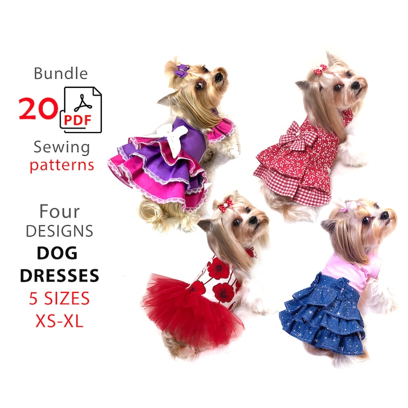 Lot de 4 patrons PDF pour petites robes de chien 5 tailles XS-XL quatre modèles 20 patrons de couture pdf patrons et tutos étape par étape robes de chien image 1