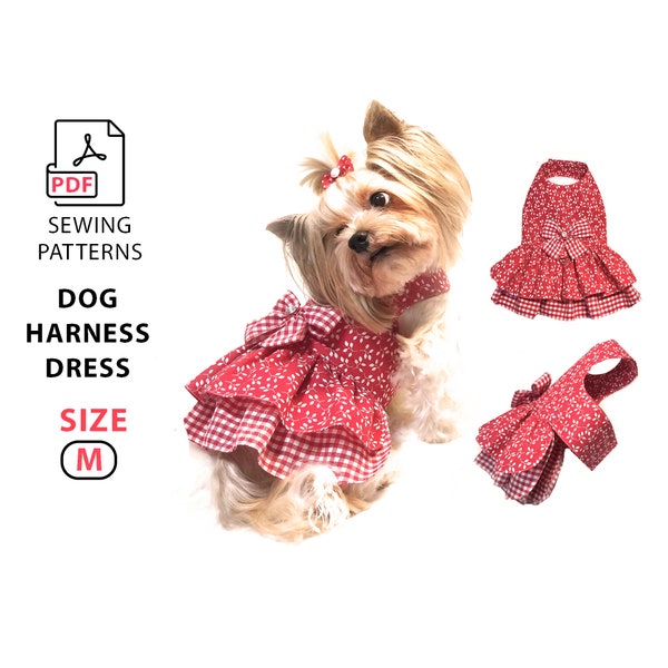 Size M Dog Harness dress PDF pattern and step by step sewing guide for A4 and Letter size  print - easy sew cute dog dress velcro closure