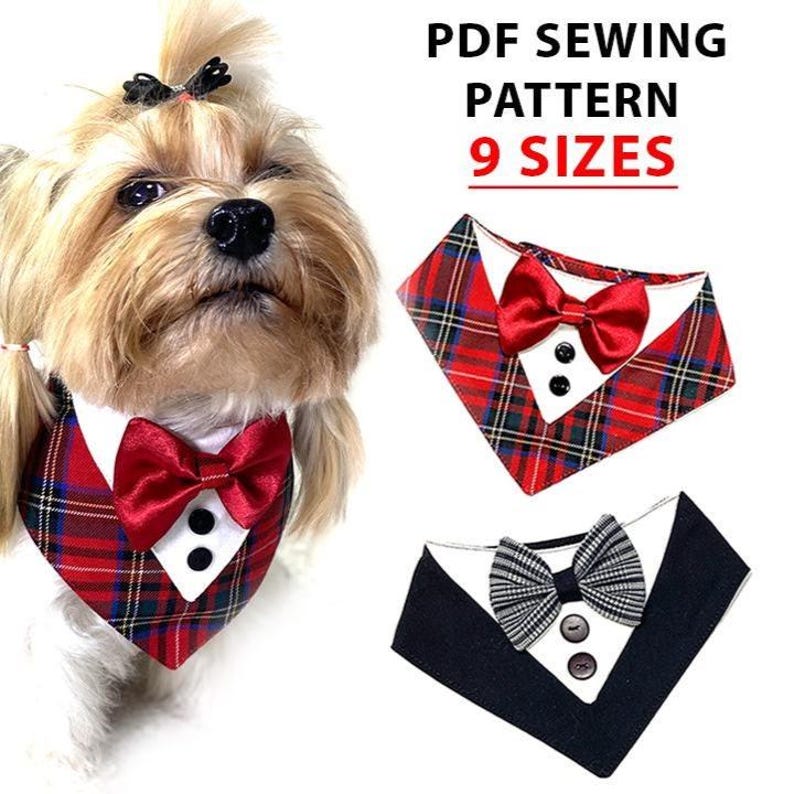 May include: A PDF sewing pattern for 9 sizes of pet bandanas. One bandana features a red plaid fabric with a white triangular insert, a red satin bow tie, and two black buttons. Another is black with a black and white plaid bow tie.