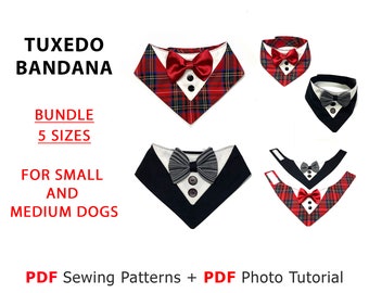 PDF sewing pattern and tutorial for print Dog Tuxedo bandana 5 sizes for small and medium dogs, print A4 and US Letter sizes