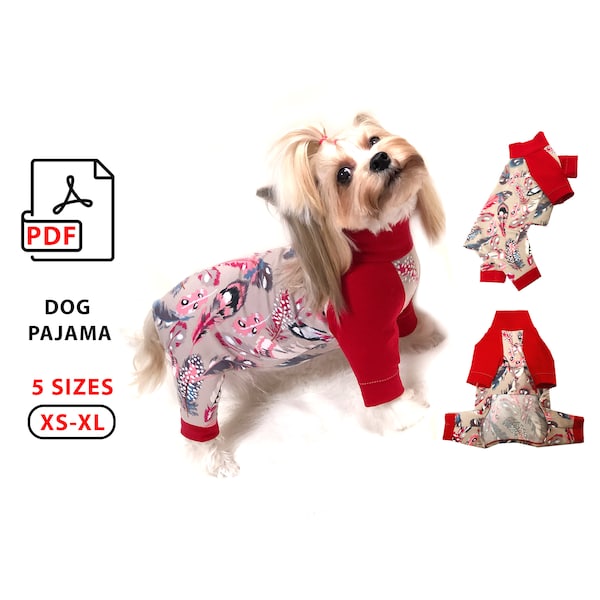 5 Sizes XS-XL dog pajamas pdf sewing pattern - dog jumpsuit - dog overal - small dog pajamas - dog pajama patterns - print A4 and US Letter