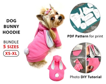 Bunny Dogs Coat Download PDF sewing Pattern 5 Sizes for small dogs breeds, easy DIY tutorial cute coat like a bunny, print A4 or US Letter