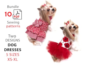 2 Bundles PDF patterns small dogs dresses - 5 sizes XS-XL two designs patterns and tutorial step by step dogs harness dress and tutu dress