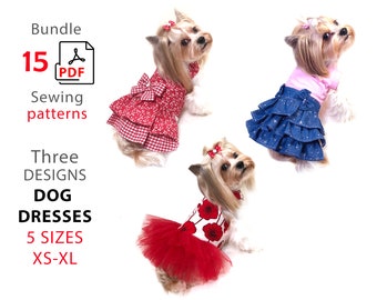 Lot de 3 modèles PDF de robes pour petits chiens - 5 tailles XS-XL Trois modèles 15 modèles de couture pdf pour robes pour chiens et tutoriel - A4 et lettre