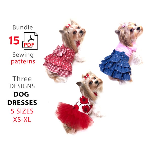 3 Bundles PDF patterns small dogs dresses - 5 sizes XS-XL three designs 15 sewing pdf patterns dogs dresses and tutorial - A4 & Letter