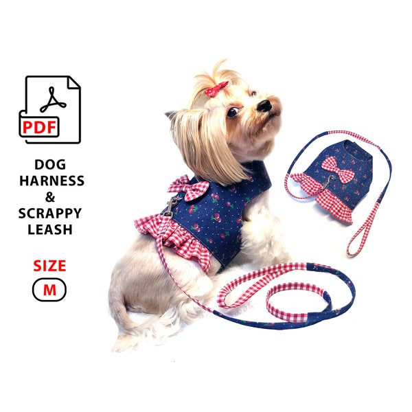 Size M Dog Harness and Scrappy Leash PDF sewing patterns and tutorial for print, DIY gift for small dog puppy or cat, home print A4/Letter