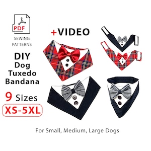 Dog Birthday Bandana Sewing Pattern + VIDEO, tuxedo with bow 9 Sizes PDF download