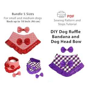 PDF pattern and DIY tutorial how to sew a Dog Girl bandana with ruffle and head bow 5 sizes for dogs for neck 9-18 inch (23-47 cm) A4/Letter
