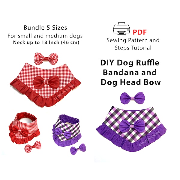 PDF pattern and DIY tutorial how to sew a Dog Girl bandana with ruffle and head bow 5 sizes for dogs for neck 9-18 inch (23-47 cm) A4/Letter