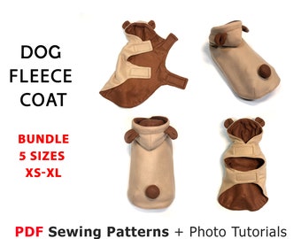 Bundle 5 Sizes dog fleece coat sewing patterns and photo tutorial PDF, home made cute dog coat, small dog clothes, print A4 and US Letter