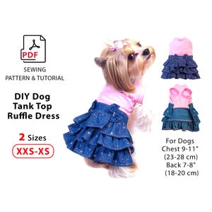 Patrón de vestido para perro - Patrón de costura en PDF - 2 tallas xxs y xs - Tutorial de costura de vestido para perro con camiseta sin mangas y falda con volantes - Para imprimir en tamaño A4 y carta estadounidense