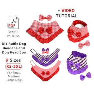 May include: A collection of DIY dog bandanas and head bows in red and purple gingham patterns. The image includes a PDF sewing pattern, video tutorial, and sizes XS-5XL for small, medium, and large dogs.