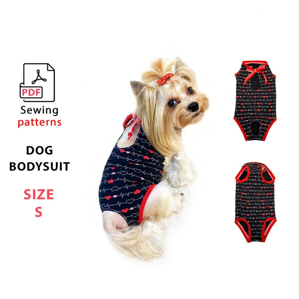 Size S Dog post spay suit PDF sewing pattern and steps photo tutorial, female dog diaper, dog cats pantys bodysuit, clothers after surgery