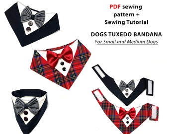 PDF sewing pattern Dog Tuxedo bandana and photo steps tutorial, 5 sizes small and medium dogs for neck 9-18 inches (23-47 cm),  A4/Letter