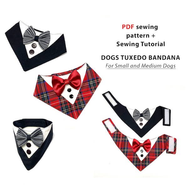 PDF sewing pattern Dog Tuxedo bandana and photo steps tutorial, 5 sizes small and medium dogs for neck 9-18 inches (23-47 cm),  A4/Letter
