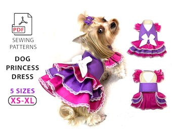 5 Sizes XS to XL Dog Princess dress PDF sewing patterns to print, easy tutorial how to make a dress for small dogs breeds, puppies and cats