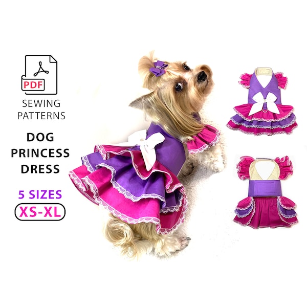 Dog Princess Dress PDF sewing pattern and steps tutorial, Bundle 5 Sizes for small dogs, DIY cute ruffled dog dress, pattern for home print