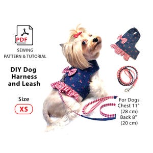 May include: A blue dog harness with a red and white gingham trim and bow, paired with a matching leash. The harness is adorned with a small floral pattern. The text reads: DIY Dog Harness and Leash. Size XS. For dogs with a chest of 11 inches and a back of 8 inches.