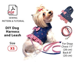 Size XS Dog Harness and Leash PDF sewing patterns to print and sew + Tutorial how to easy cuting fabric and sew harness with leash for pets