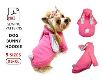 5 Sizes XS to XL Dog Bunny Hoodie PDF sewing patterns to print, easy tutorial how to make hoodie for small dogs breeds, puppies and cats