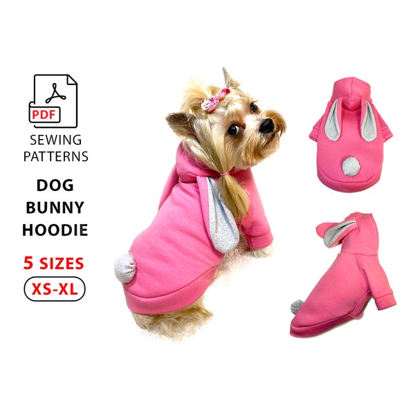 5 Sizes XS to XL Dog Bunny Hoodie PDF sewing patterns to print, easy tutorial how to make hoodie for small dogs breeds, puppies and cats