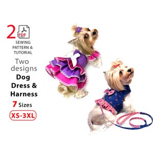 Dog clothes patterns - Princess Dress and Harness with Leash - PDF sewing pattern for home print - 7 Sizes XS–3XL tutorial clothes for dogs