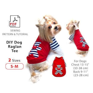 Puede incluir: Patrón de costura y tutorial para una camiseta raglan para perros en formato PDF. El patrón incluye dos tallas, pequeña y mediana, y está diseñado para perros con una medida de pecho de 33-38 cm (13-15 pulgadas) y una longitud de espalda de 23-28 cm (9-11 pulgadas). La camiseta tiene una base roja con una manga a rayas azul y blanca y una aplicación de oso rojo con un lazo.