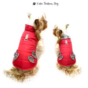 dog puffer jacket pattern, quilted dog coat PDF, DIY dog winter jacket, small dog puffer vest, yorkie in red dog coat, dog winter clothes sewing pattern, medium dog jacket pattern, warm pet coat with lining, dog outerwear sewing tutorial, dog clothes for cold weather, padded dog jacket XS to 3XL, pet winter vest DIY, dog coat pattern with bows