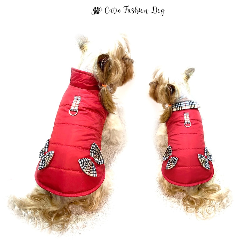 dog puffer jacket pattern, quilted dog coat PDF, DIY dog winter jacket, small dog puffer vest, yorkie in red dog coat, dog winter clothes sewing pattern, medium dog jacket pattern, warm pet coat with lining, dog outerwear sewing tutorial, dog clothes for cold weather, padded dog jacket XS to 3XL, pet winter vest DIY, dog coat pattern with bows