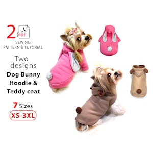 Könnte beinhalten: Zwei Hunde tragen rosa und braune Hoodies mit Hasen- und Teddybär-Designs. Das Bild enthält den Text "Dog Bunny Hoodie & Teddy coat" und "7 Größen XS-3XL". Es gibt auch einen rosa Hoodie mit Hasenohren.