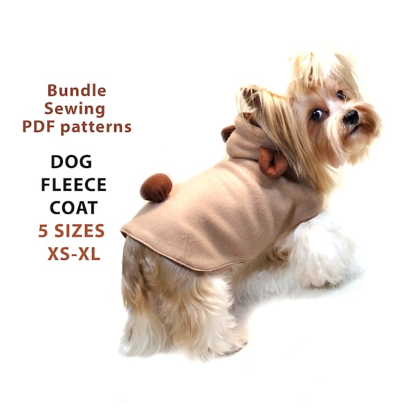 5 tailles XS à XL Manteau polaire pour chien Patrons de couture PDF et instructions - modèles d'impression maison à découper dans du tissu et manteau pour chien facile à coudre