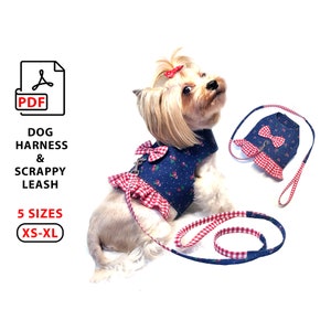 5 XS to XL Sizes Dog Harness and Scrappy Leash PDF sewing patterns, steps tutorial how to easy sew small dogs puppies cats harness and leash