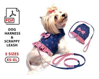 5 XS to XL Sizes Dog Harness and Scrappy Leash PDF sewing patterns, steps tutorial how to easy sew small dogs puppies cats harness and leash