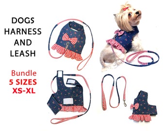 Bundle 5 Sizes dogs harness and scrappy leash PDF sewing pattern and step by step sewing tutorial how to sew, easy download and print PDF