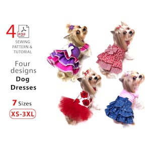 Dog dress PDF sewing patterns - 4 best selling cute designs - PDF download pattern for home print - 7 Sizes XS-3XL for small and medium dogs